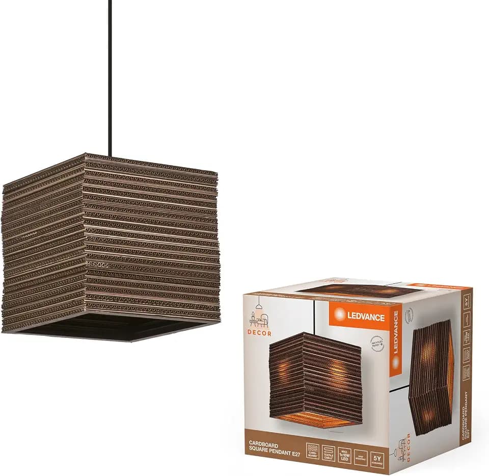 LEDVANCE Pendelleuchte Decor Cardboard Square braun aus Wellpappe, leicht, E27, 250 mm Durchmesser, Leuchtenschirm aus recyceltem Material, nachhaltig durch austauschbare Lichtquelle, einfache Montage