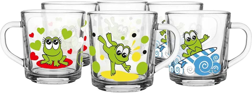 Glasmark KROSNO, 220ml, Set von 6, Gläser set kinder, Bedruckte Kinderbecher mit Froschmotiv, Trink-Glas, Kindertasse, Glasbecher mit Hörer, Spülmaschinenfest, Frosch Motiv