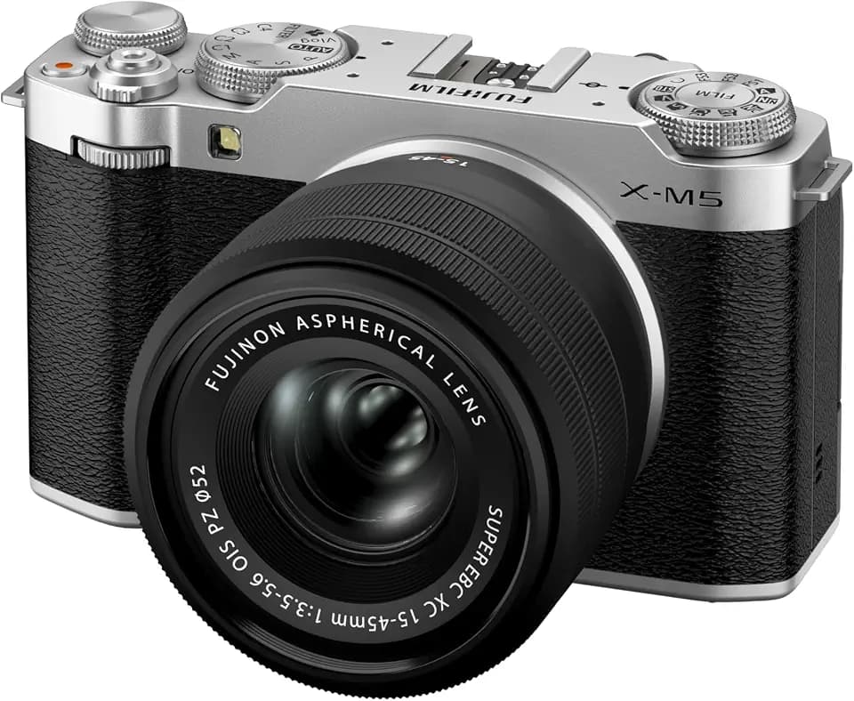 FUJIFILM X-M5 Systemkamera + XC15-45mmF3.5-5.6 OIS PZ Zoomobjektiv | Kompakte Vlogging-Kamera mit KI-Autofokus, 6.2K-Video, 9:16-Kurzfilmmodus, Filmsimulationen und Klappdisplay | Kit Silber