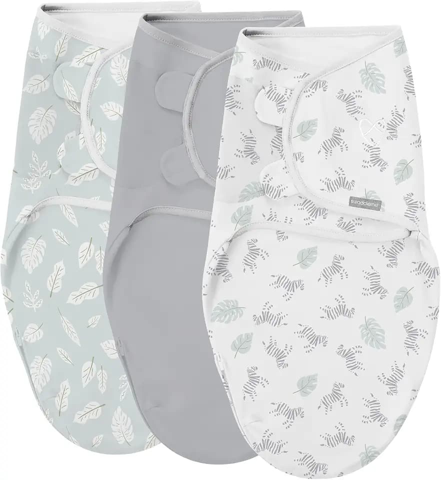 SwaddleMe by Ingenuity Easy Change Baby Swaddle in Size Small/Medium, 0-3 Months, 7-14 Pounds, 3-Pack with Easy Change Zipper -Zebra Botanical