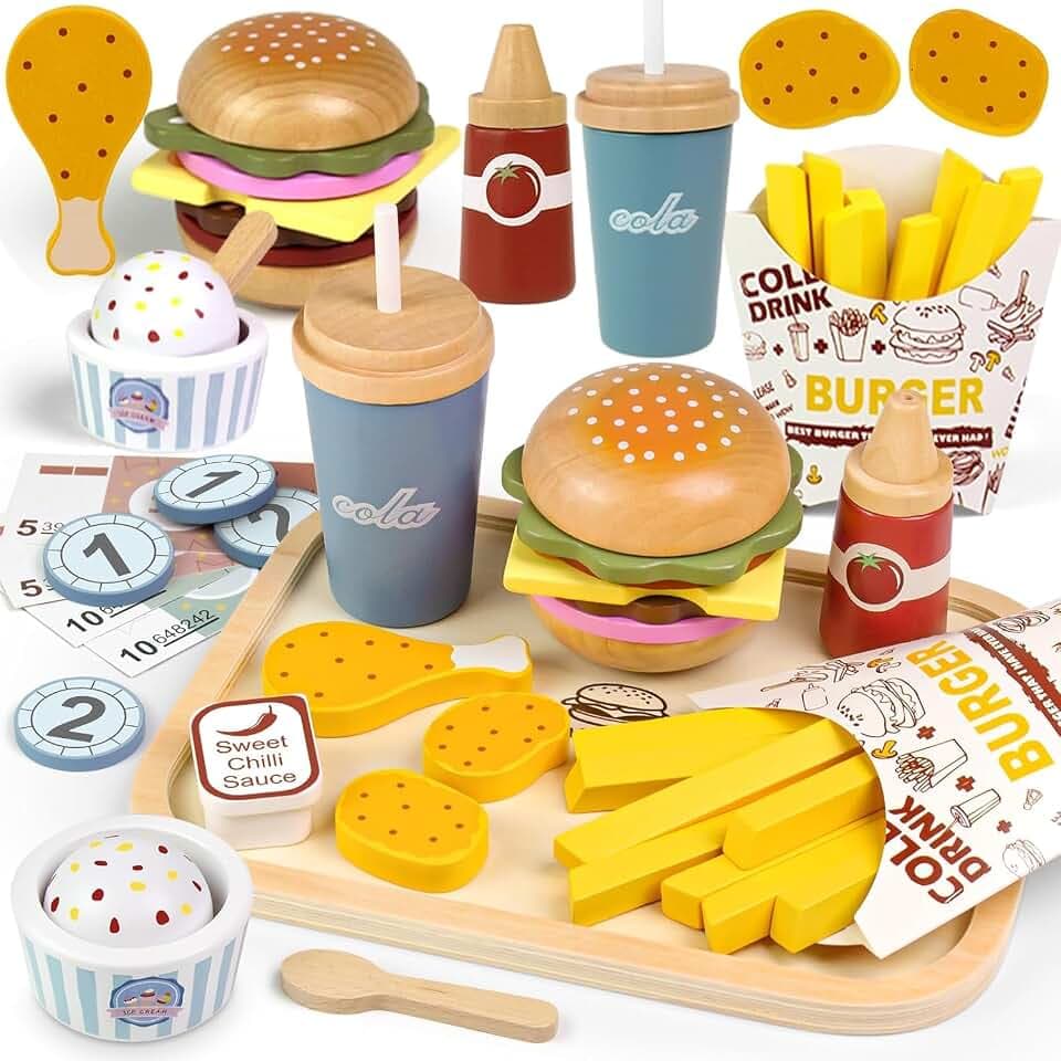 Kinderküche Spielküche Zubehör Holz, Küchenspielzeug Holz Burger Set
