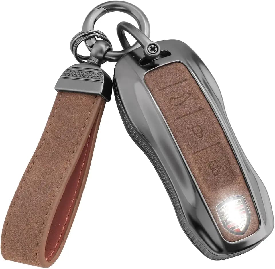 Compatible with Porsche Key Fob Cover with Keychain Leather Key Case Protector Fit for Porsche Cayenne 911 Taycan Panamera, Brown