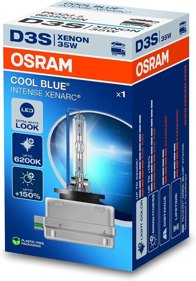 Osram XENARC COOL BLUE INTENSE D3S, +150% mehr Helligkeit, bis zu 6.200K, Xenon-Scheinwerferlampe, LED Look, Faltschachtel (1 Lampe)