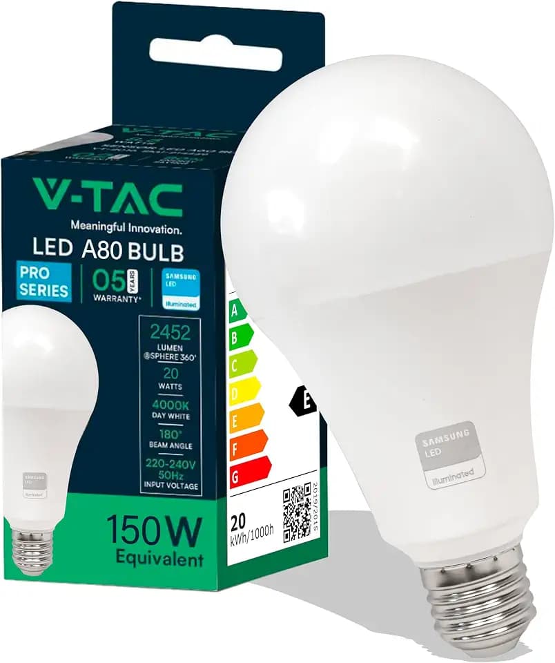 V-TAC LED Glühbirne A80 20W (entspricht 150W) - 2452 Lumen - Maximale Effizienz und Energieeinsparung LED Lampe - 4000K Neutralweiß - LED Glühlampe