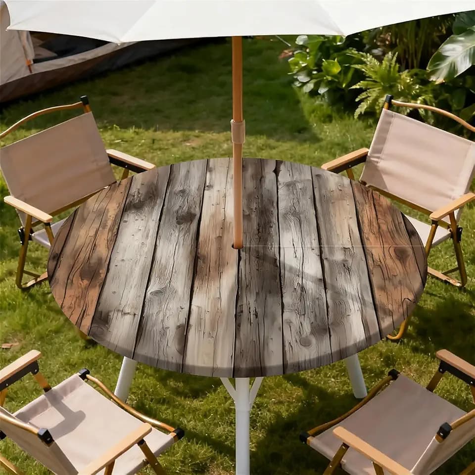 Round Outdoor Tablecloth with Umbrella Hole, Zippered Fitted Waterproof Tablecover with Elastic Edge Fits 37"-44" Round Tables for Patio Picnic Garden Camping Party, Rustic Wood Pattern