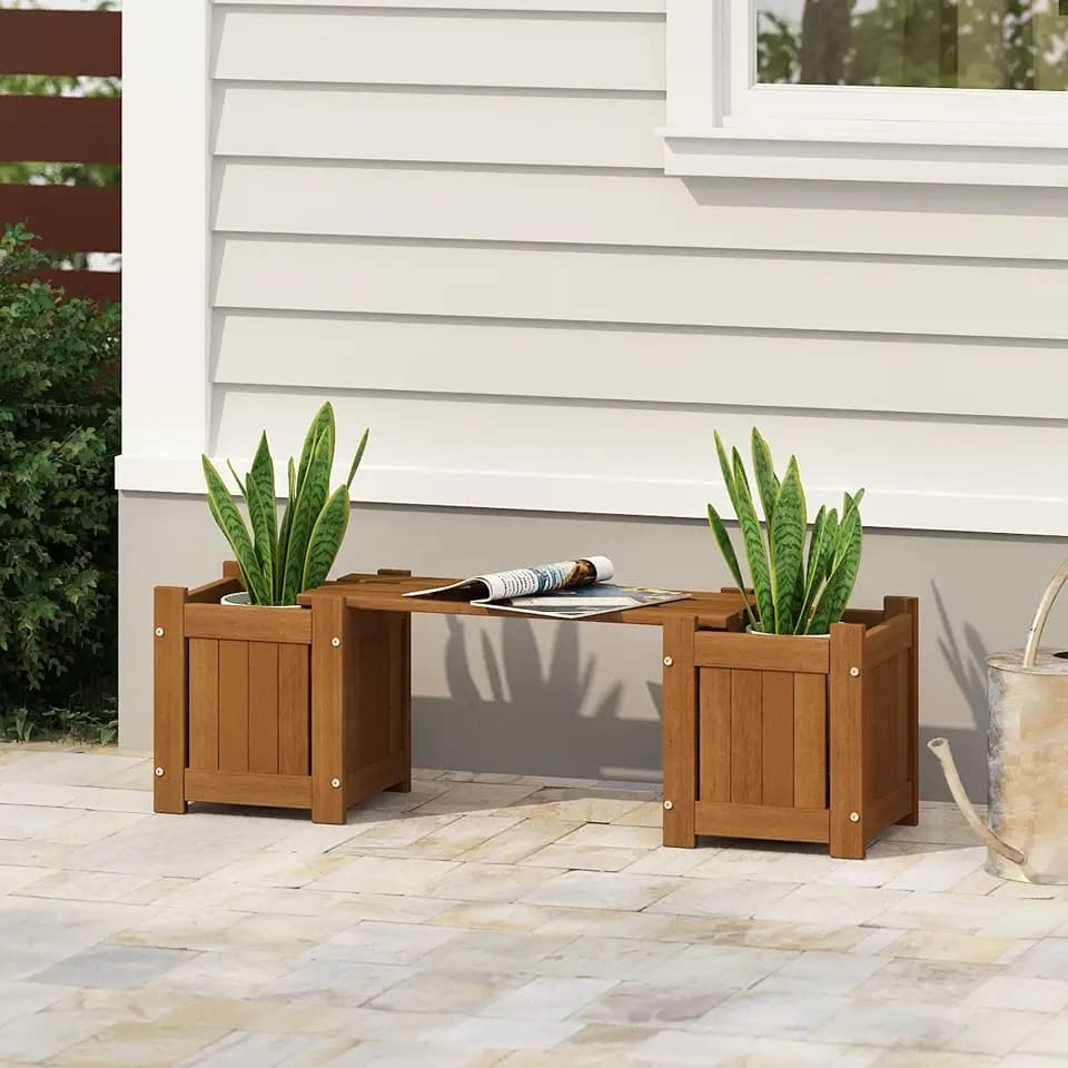 Furinno TIOMAN Mini Planter Box with Bench, Hardwood Flower Box with Seat, Cube Garden Box, in Teak Oil, Outdoor Indoor, Garden, Patio, Balcony, Light Wood