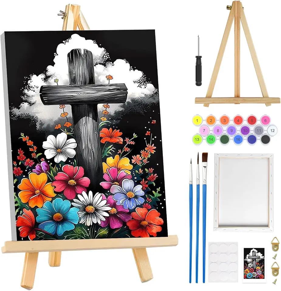 MOGTAA Kreuz Malen Nach Zahlen Erwachsene mit Rahmen, Blumen Malen Nach Zahlen Mit Holzstaffelei, DIY Ölgemälde Leinwand Set Acrylic Malerei Bilder für Home Dekor, 20x30cm
