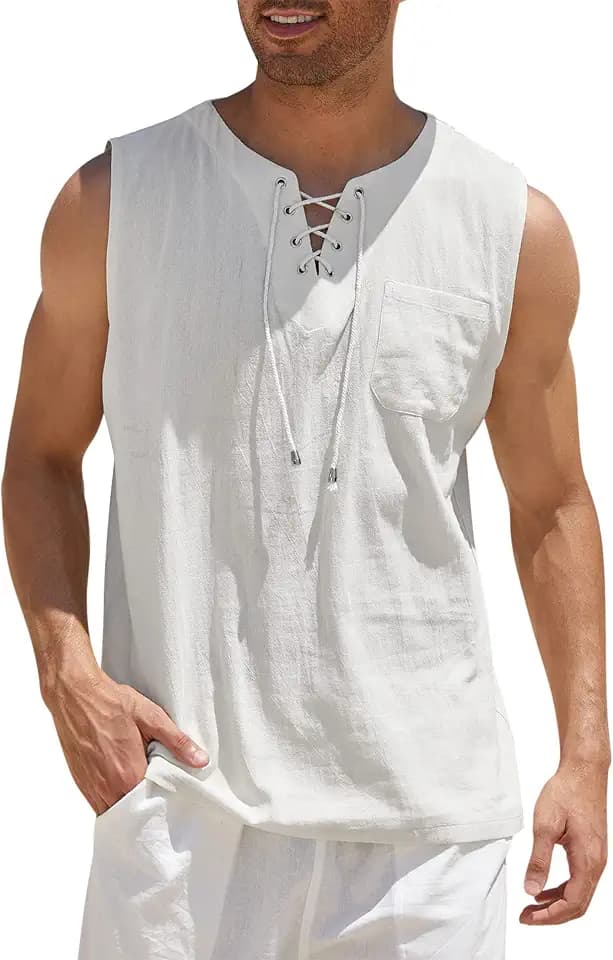 COOFANDY Men's Cotton Linen Sleeveless Shirts Casual Tank Top Beach Tunic