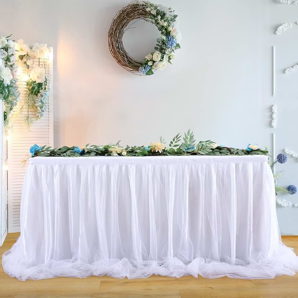HB HBB MAGIC HBBMAGIC Weiß Tüll Tischrock Ohne Licht, 2-Langer 275cm Lang Weiß Rüschen Tulle Tischröcke, Waschbarer Tutu Tischrock für Hochzeit Party Geburtstag Babydusche Kuchen Dessert Taufe Tisch