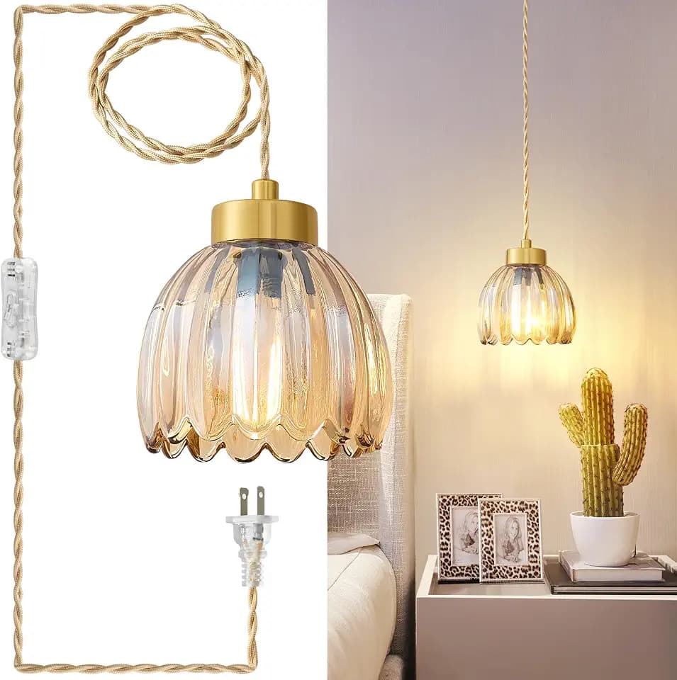 5.1 inch Plug in Pendant Light Fixtures 1-Lights Vintage Glass Hanging Lights with 197in Plug in Cord Small Gold Hanging Lamp for Kitchen Island Dining Room Bedroom Living Room, Amber E12 Base
