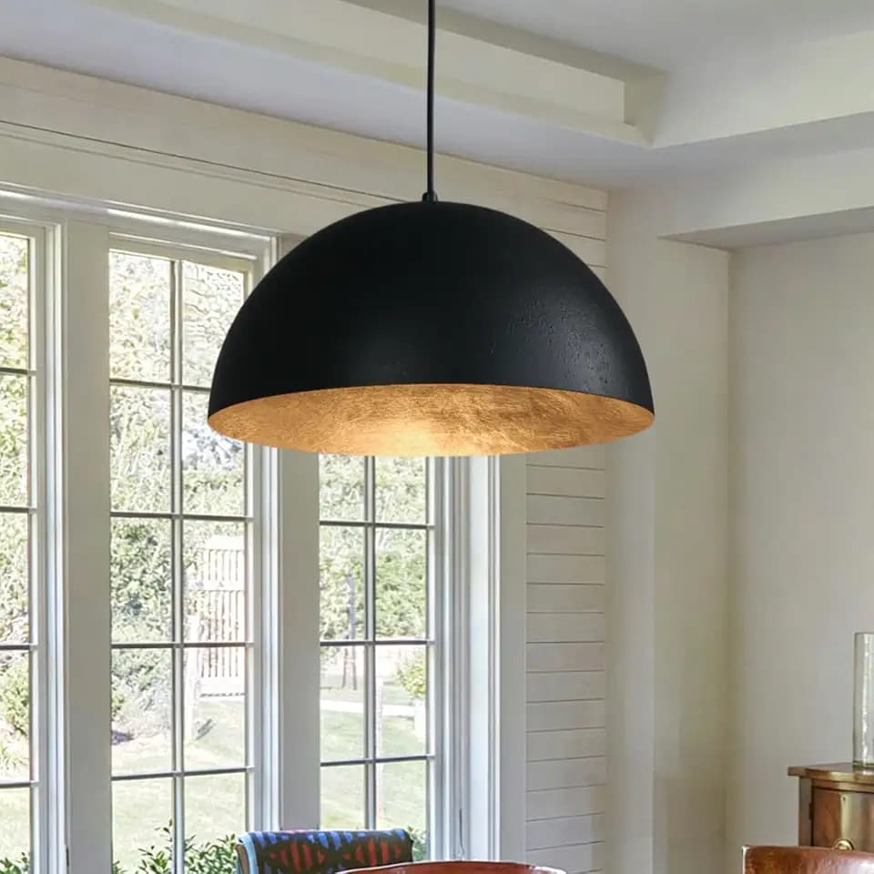 15 Inch Black and Gold Leaf Pendant Light, Grainy Matte Black Dome Chandelier with Hand-Applied Gold Leaf Interior, E26 Socket for Kitchen Island, Dining Room, or Bar