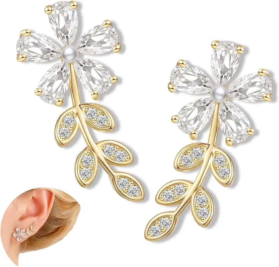 Gold Plated Climber Earrings for Women Ear Crawler Earrings Cubic Zirconia Trendy Flower Leaf Cuffs Studs Earring Dainty Purple Butterfly Crawler Sparkly Star Climbers Studs Earscpae Statement Earrings Gifts