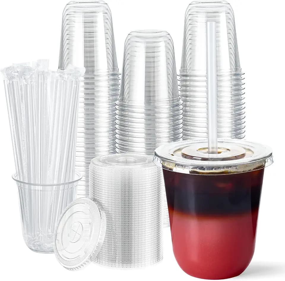 Vplus 100 Pack 12 oz Disposable Plastic Cups with Lids and Straws