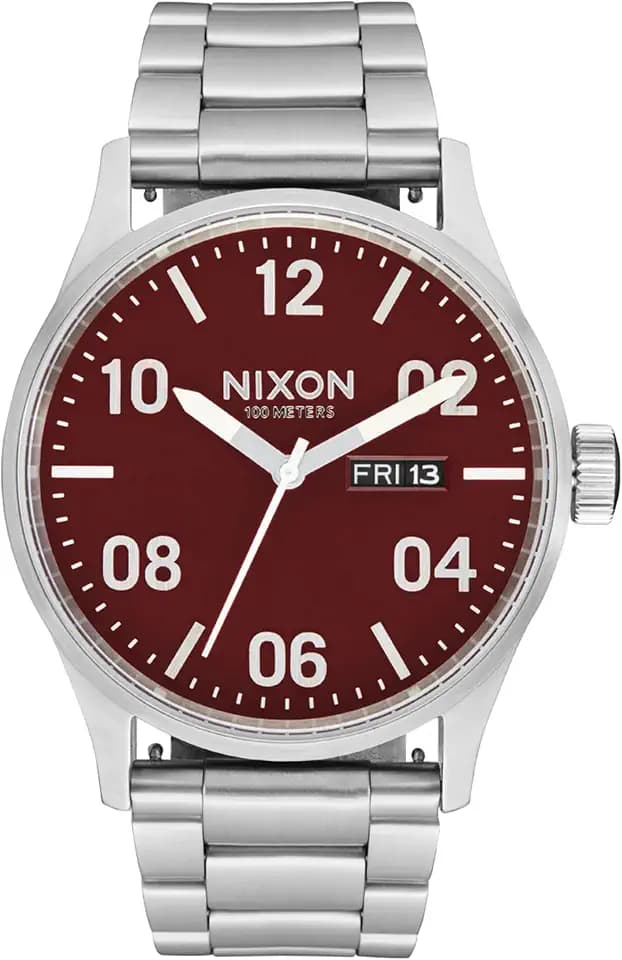 Nixon Herren Armbanduhr Sentry Stainless Steel mit Armband aus Edelstahl 23mm, Wasserdichtigkeit: 10 Bar, Farbe: Silver/Cranberry, Gehäusedurchmesser: 42 mm, A356-5198-00