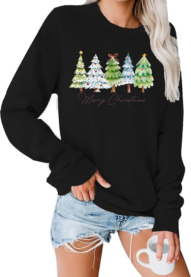VVNTY Weihnachts Sweatshirt Damen Merry and Bright Pullover Lustig Weihnachtspulli Langarm