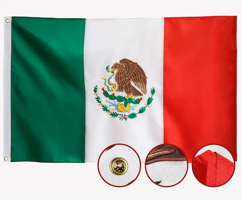 Mexico Flag 3x5 Outdoor Mexican Flags Embroidered, Heavy Duty 210D Nylon,Sewn Stripes, Stronger Brass Grommets,4 Stitched Hemming,Perfect for Outside
