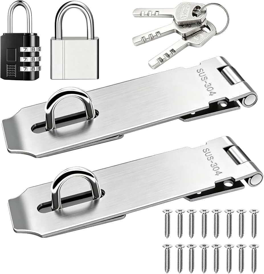 Tnisesm 2 Pack Door Hasp Latch Lock with Combination Lock&Keys Lock, 5 Inch 304 Stainless Steel Safety Packlock Clasp Hasp Lock Latch Extra Thick Gate Lock Hasp with Screws Brushed Finish