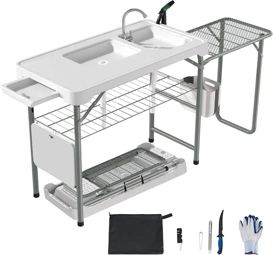 Dragosum Fish Cleaning Table with Dual Sinks & Folding Extension Board
