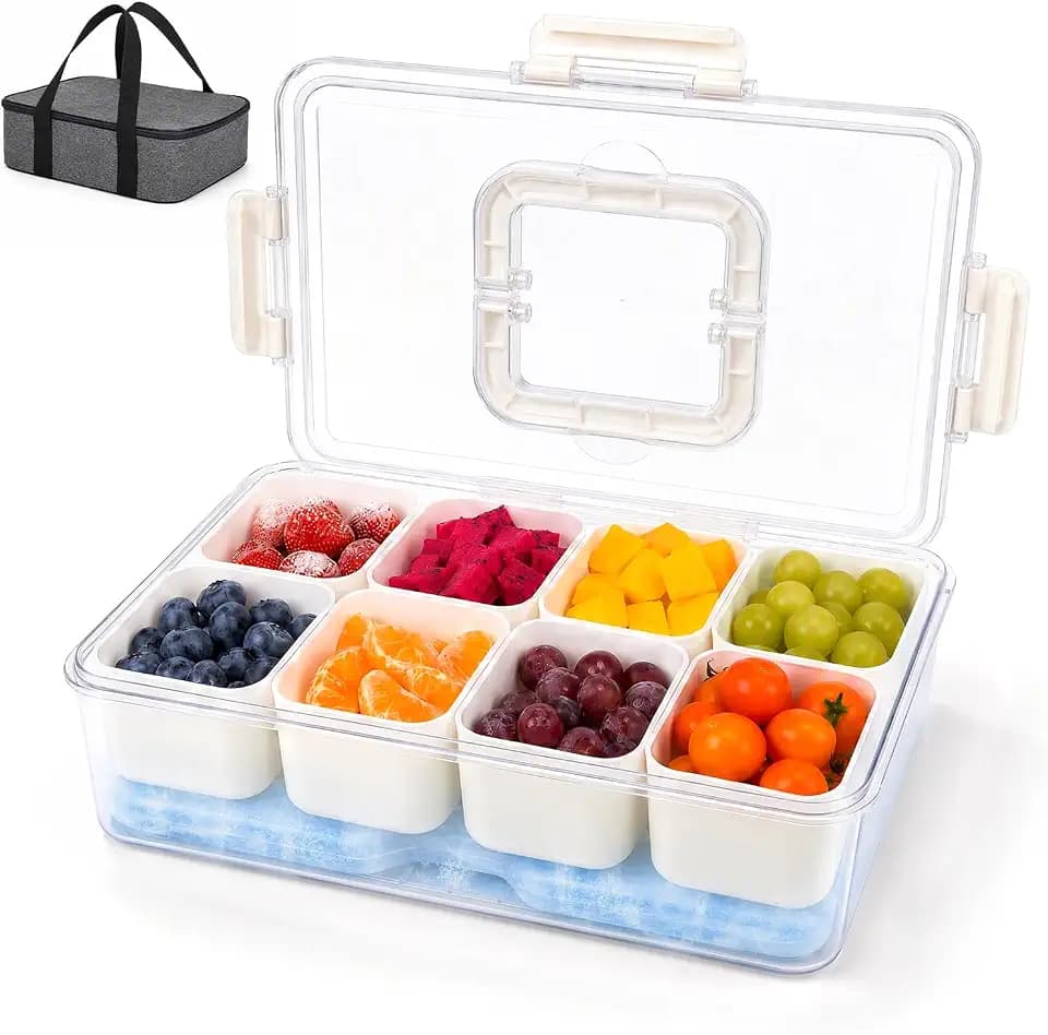 Snackbox mit 8 Fächern & Wiederverwendbar Kühlakku & Isoliertasche, Spülmaschinenfest & BPA-frei Snackteller mit Deckel und Griff, Snack Box für Obst, Nüsse, Süßigkeiten, Picknick, Reise & Party