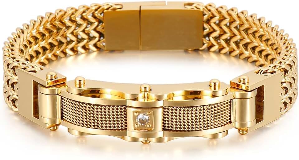Gold Mens Stainless Steel Franco Link Chain Bracelet,Fashion Cable Bracelet with Cubic Zirconia Gold Silver Black