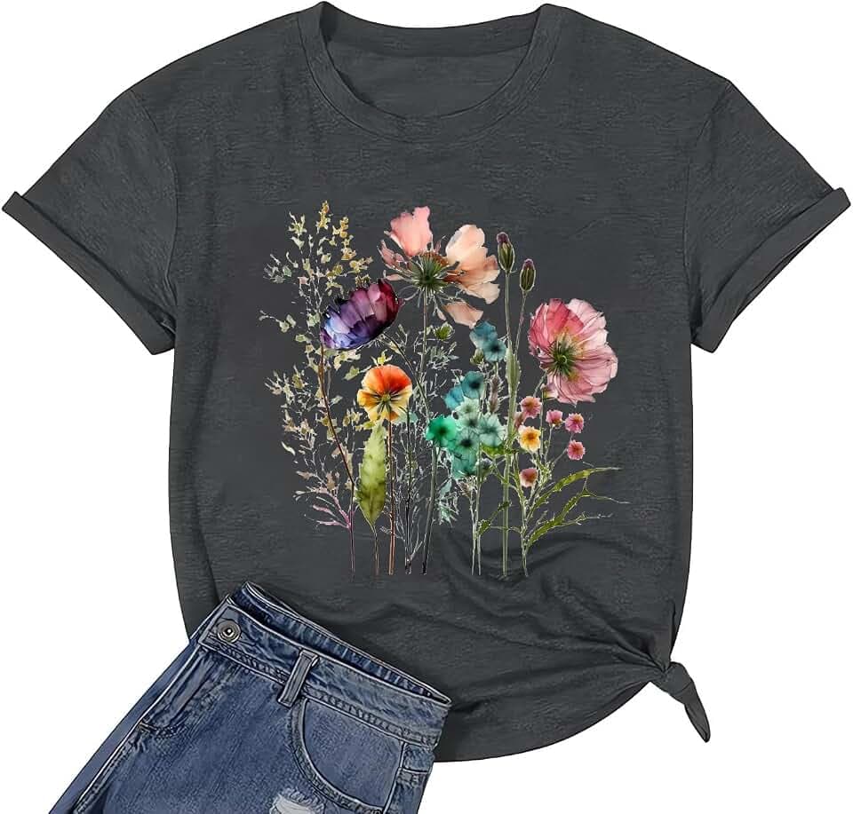 hcihgzr Womens Funny Vintage Boho Wildflower Floral Flower Graphic Shirt Casual Short Sleeve Summer Tee Tops