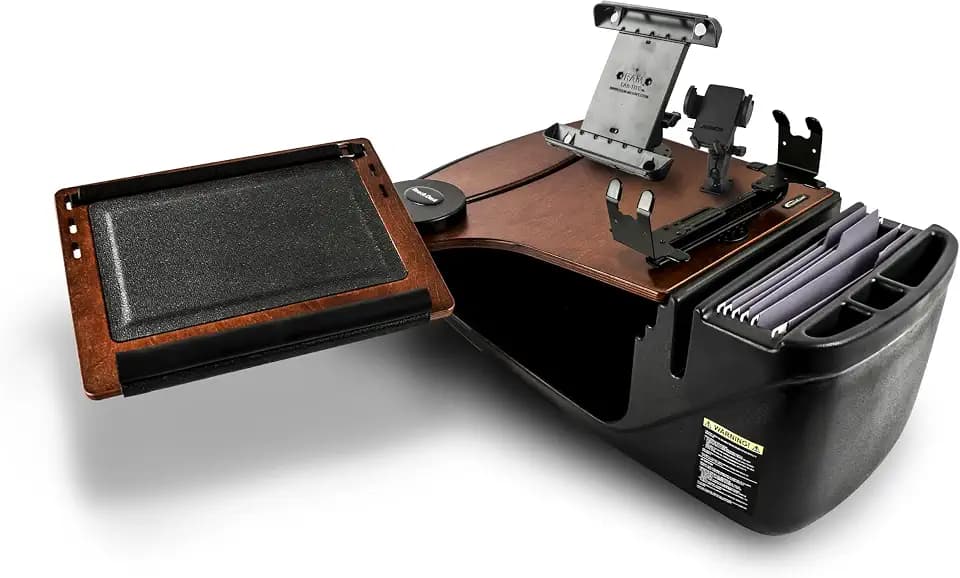 AutoExec Reach Car Desk for Your Vehicle Workstation and Mobile Office, Front Seat, Mahogany with Printer Stand, Phone Mount and Tablet Mount