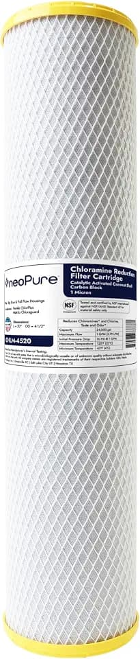 Neo-Pure CHLM-4520 Chloramine Carbon Block Filter | Coconut Shell Carbon | RO Prefilter | 4.5" x 20" Whole House Cartridge