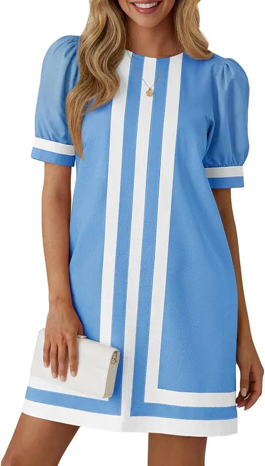 Wenrine Womens Summer Mini Dress Puff Sleeve Loose Casual Shift Dresses