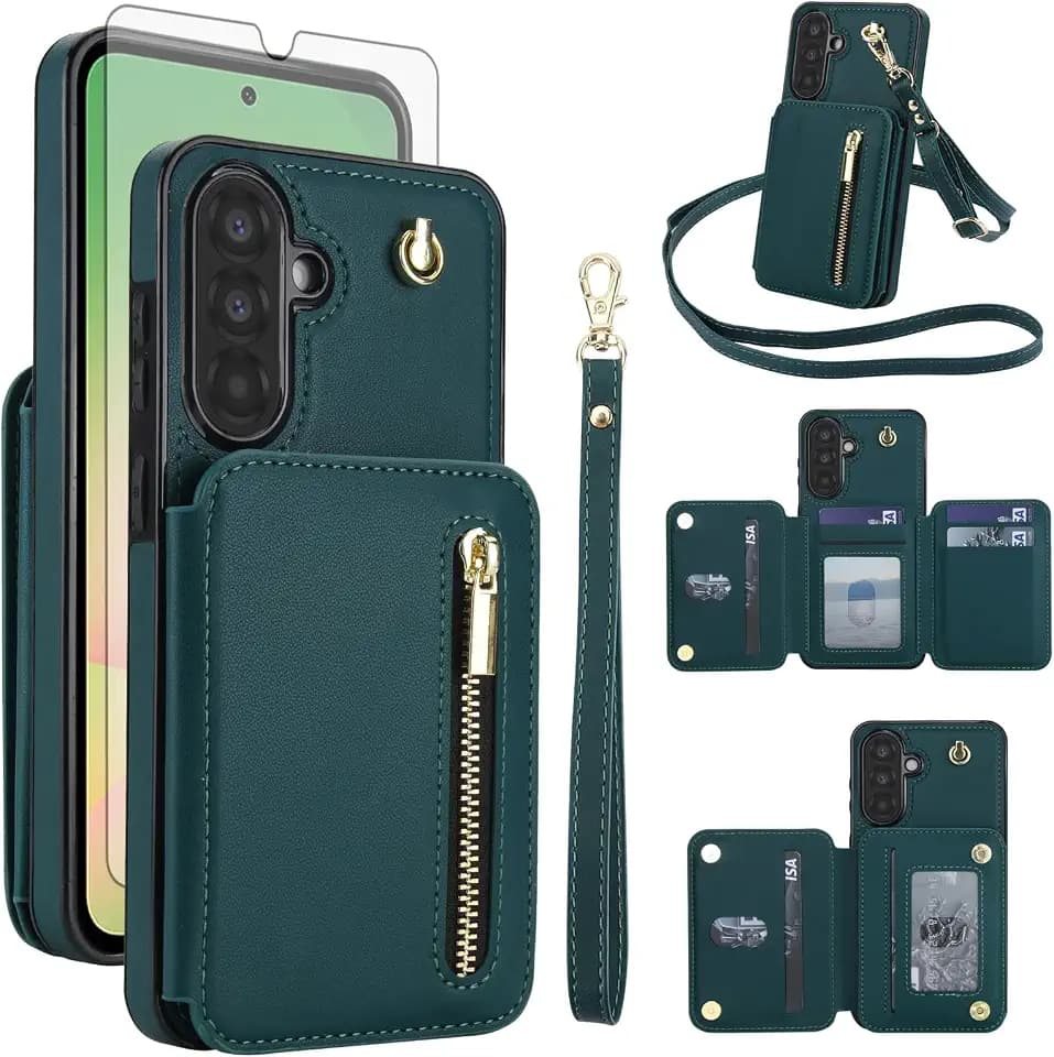 Asuwish Phone Case for Samsung Galaxy A36 5G RFID Wallet Cell Cover with Tempered Glass Screen Protector Crossbody Strap Credit Card Holder Slot Stand A 36 36A LTE SM-A366U Women Men Green