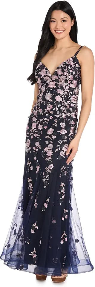 3D Floral Embroidered Mesh Cascading Gown W/V-Neck & Open Back