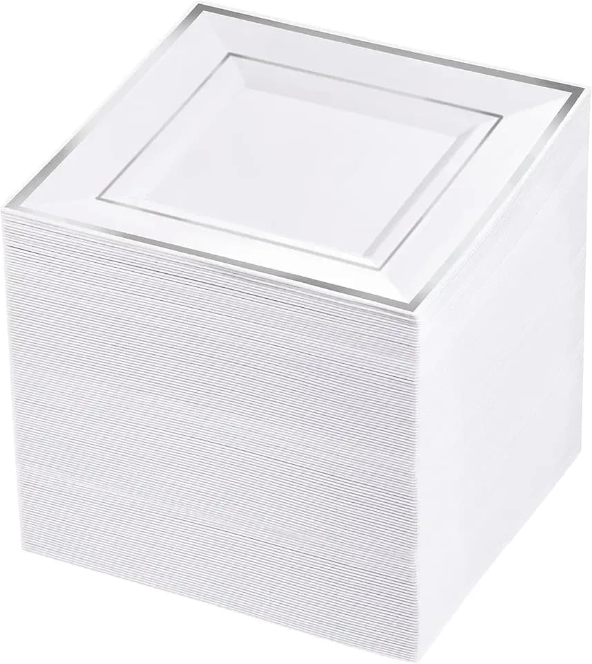 bUCLA 100PCS White and Silver Square Plastic Plates - 6inch Disposable Dessert Plates - Suitable for Weddings, Parties, Christmas