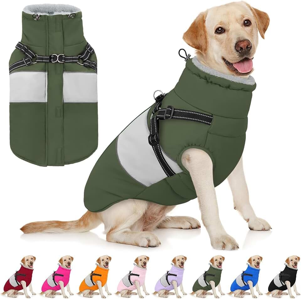 AOFITEE Dog Coat Large Dog Winter Coat Waterproof Dogs Jacket with Harness