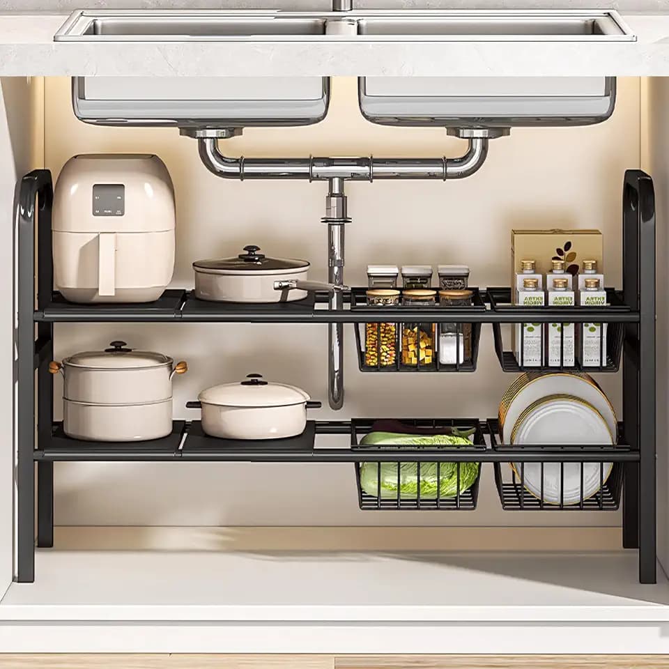 ViWaVee Spülschrank Organizer, 2 Etagen Erweiterbarer Küchen Organizer, mit 4 herausnehmbaren Körben und 4 abnehmbaren Paneelen für Küche, Badezimmer Aufbewahrung (schwarz, 53 cm - 83 cm) (Schwarz)
