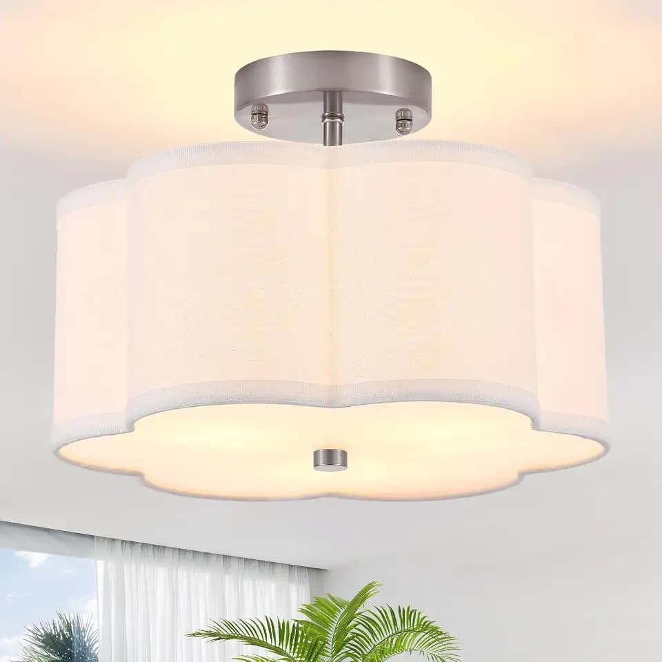 12.9" Chrome Semi Flush Mount Ceiling Light, Linen 3-Light Fixture