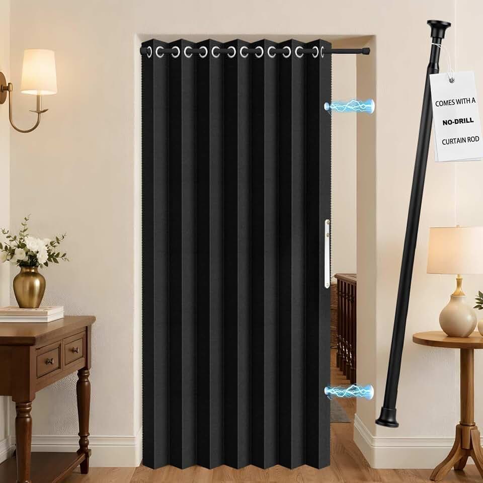 Blackout Magnetic Door Curtain Sets Included Rod for Closet Doors, No-Drill Folding Door Cover, Accordion Doors Interior Privacy Screen for Bedroom(1 Pack, 45 W x 80 L, Black)