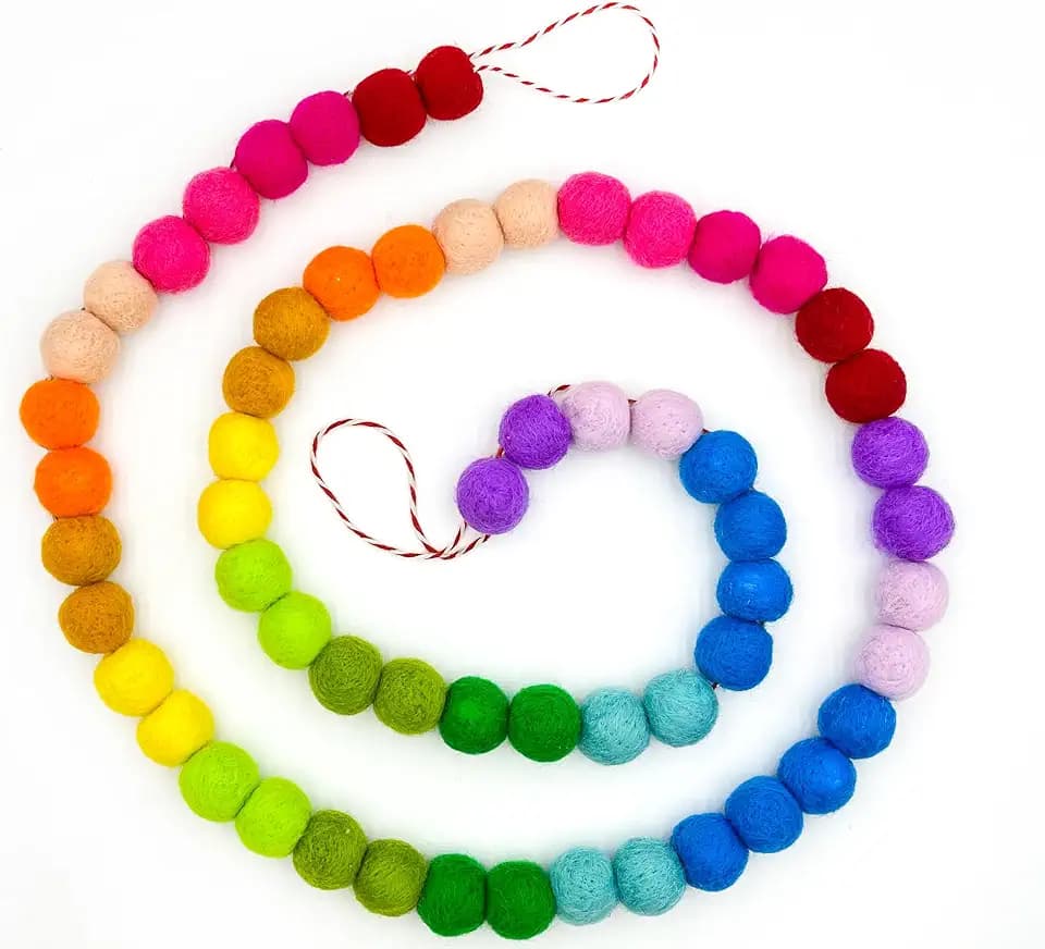 Colorful Wool Felt Ball Banner Garland, Handmade Rainbow Pom Pom Garland