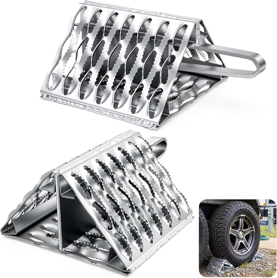 Outus 2 Pack Heavy Duty Steel Wheel Chocks for Rvs & Trailers, 9.5 x 9 x 5.7 Inch Serrated Anti-Slip Design with Built-in Handle, Secure Parking for Campers, Trucks, Driveways & Uneven Ground(Silver)