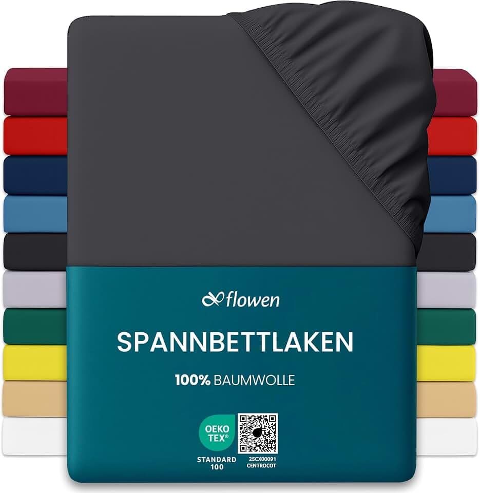 Flowen Jersey Spannbettlaken 160x190cm | Spannbetttuch 100% Baumwolle Rundumgummizug | Bettlaken 30cm Steghöhe Tiefe Tasche | Oeko-Tex Zertifiziert Weich Elastisch Atmungsaktiv Bügelfrei (Dunkelgrau)