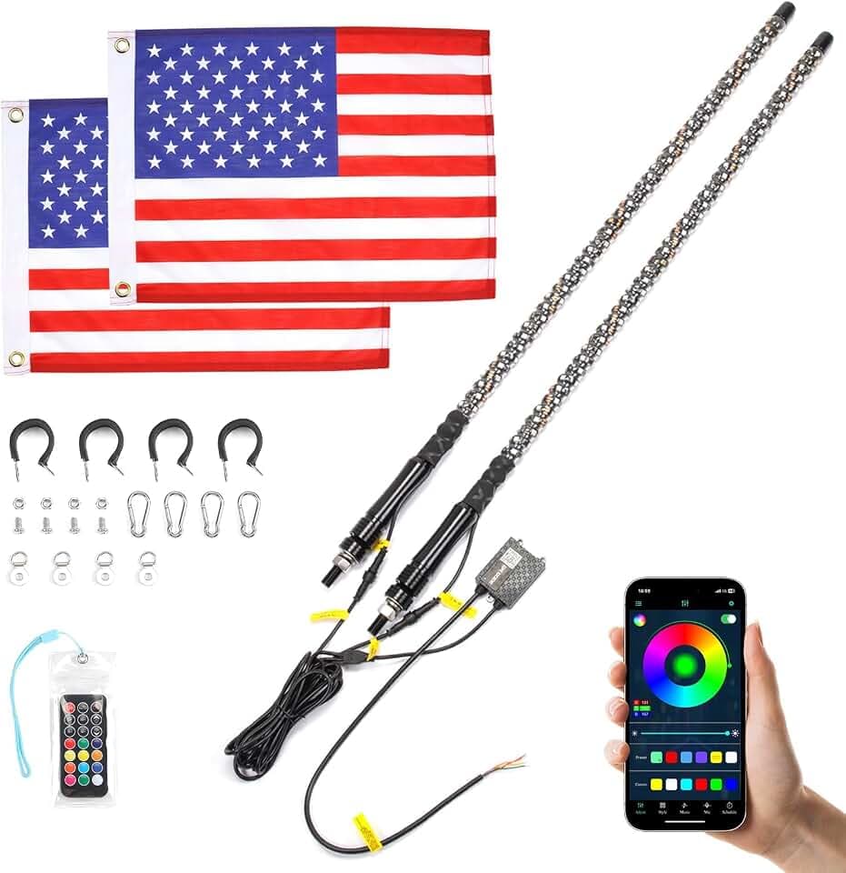 KEMIMOTO 2pc 3ft UTV Whip Lights for Side by Side, App or RF Remote Control