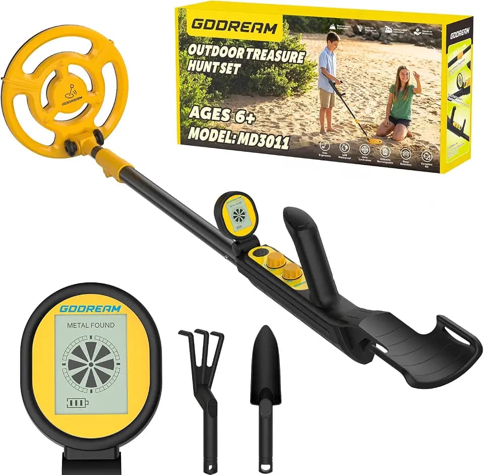 GDDREAM Metal Detector, Rechargeable Metal Detector for Kids, Adjustable 31.5"-38.5" Kids Metal Detector Kit, 7.5" IP68 Waterproof Coil for Outdoor Exploration, Gift for Boys & Girls, Yellow