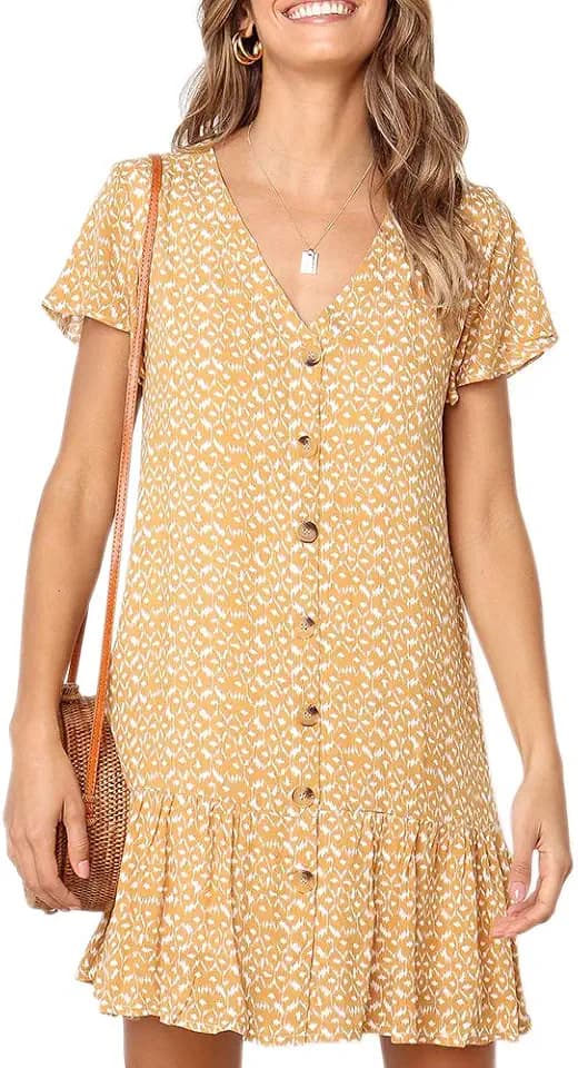 Imysty Womens Summer Polka Dot V Neck Button Down Loose Mini Dress