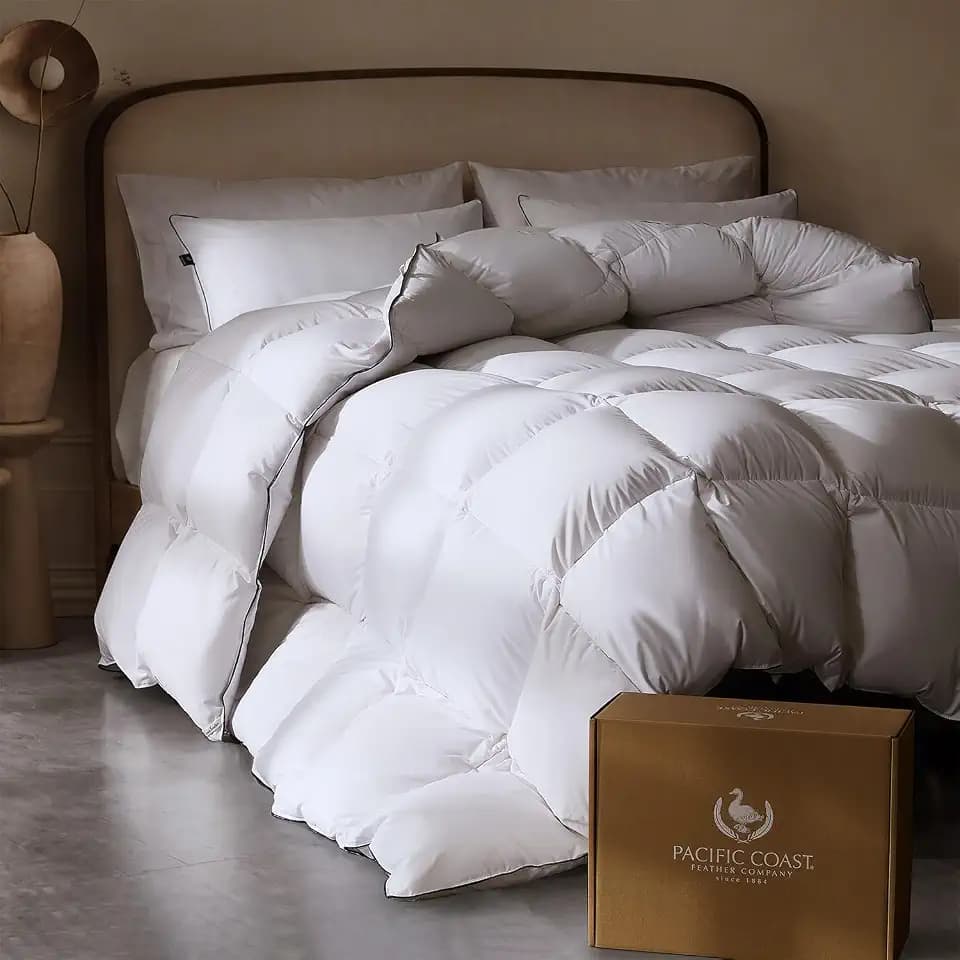 Pacific Coast Goose Feather Down Comforters Queen Size 90"x90", Breathable Duvet Insert, Noiseless Shell, Sewn-Through Construction, Hypoallergenic All Season Luxury Hotel Bedding, 8 Duvet Loops