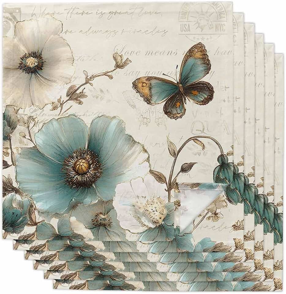 Turquoise Flowers Cloth Napkins Washable Set of 6, 20 x 20 Inch Reusable Rustic Spring Botanical Floral Butterfly Dinner Table Napkins Cloth Bulk for Weddings Kitchen Restaurants Hotel Events Parties