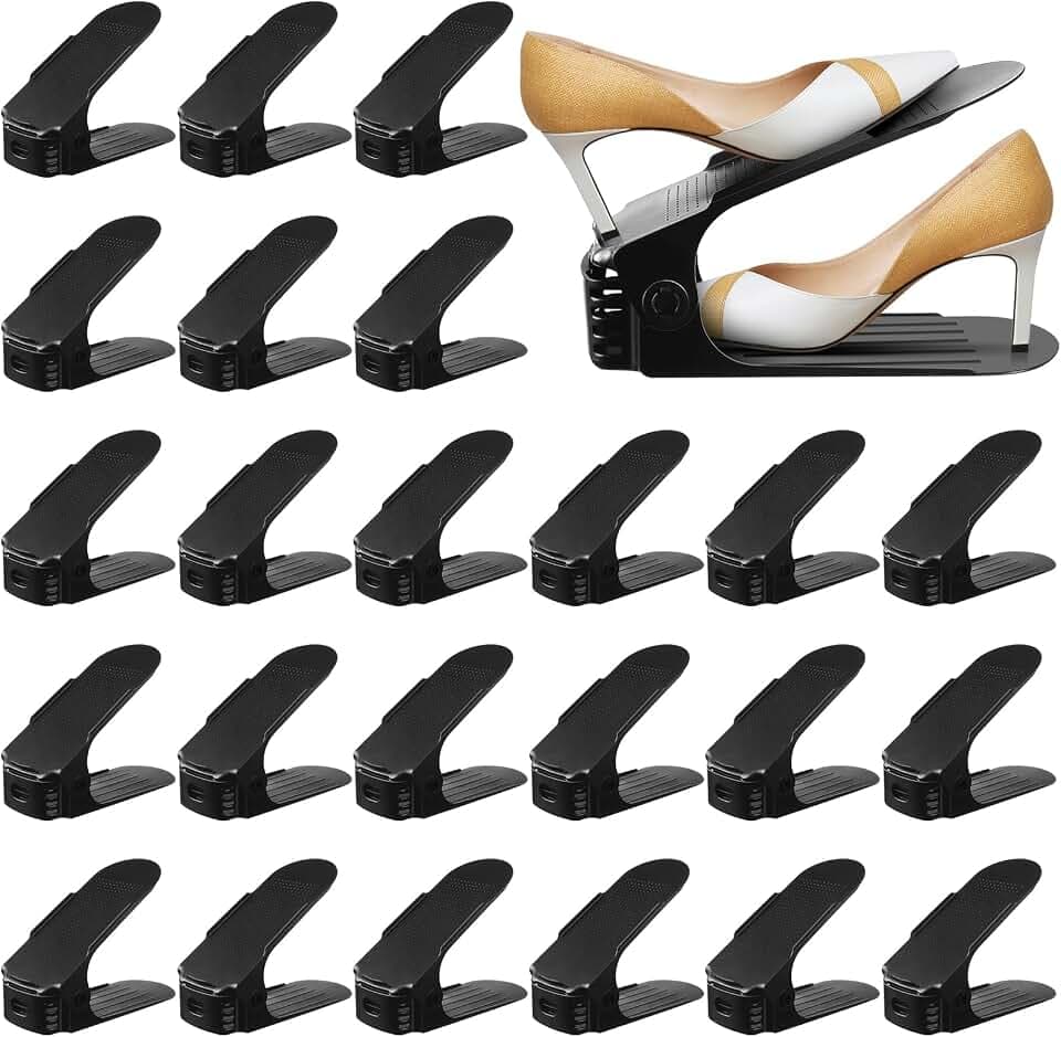 UCAMP Einstellbare Schuhregale,24 Stück Rutschfest Schuhstapler Doppelschicht Schuhhalter Platzsparend Rutschfest Kunststoff Schuhorganizer mit 4 Höhenverstellbar Schuhschlitze (Schwarz)