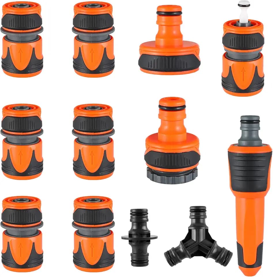 Gartenschlauch Verbindungsstück Kit,12 Stück Schlauchverbinder, Schlauchanschluss inkl.1/2” auf 3/4” Adapter,Wasserhahn Anschluss G1,Schnellkupplung 1/2”,Doppelstecker,Y-Verteiler und Wasserdüse