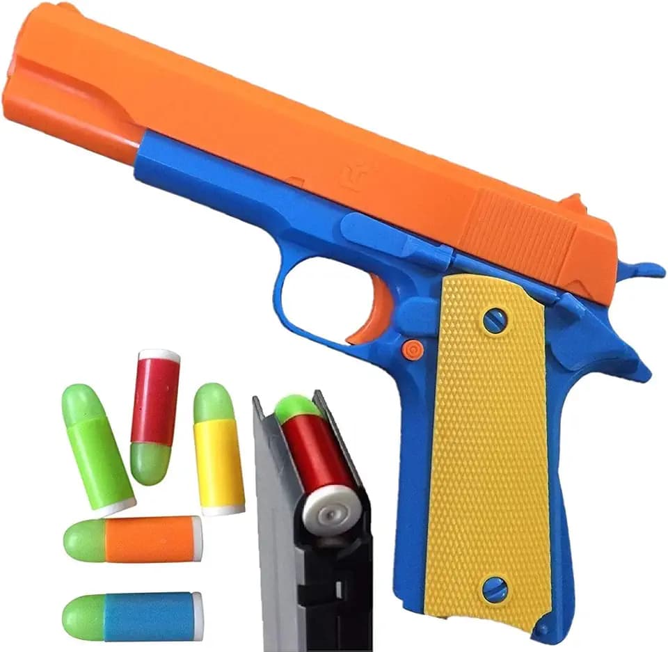 Classic Toy Gun Soft Bullet Blaster Pistol – Removable Magazine, Fun Slide Action, 20 Soft Bullets, Safety Orange, Kids Roleplay Ages 6+