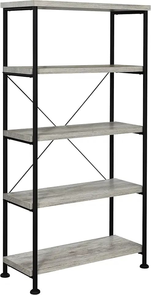 Coaster Home Furnishings Analiese Rustic Industrial 4-Tier Bookcase Etagere Bookshelf Office Storage Book Shelf Engineered Eco-Friendly Wood Look Laminate Sturdy Black Steel Base Grey Driftwood 801546