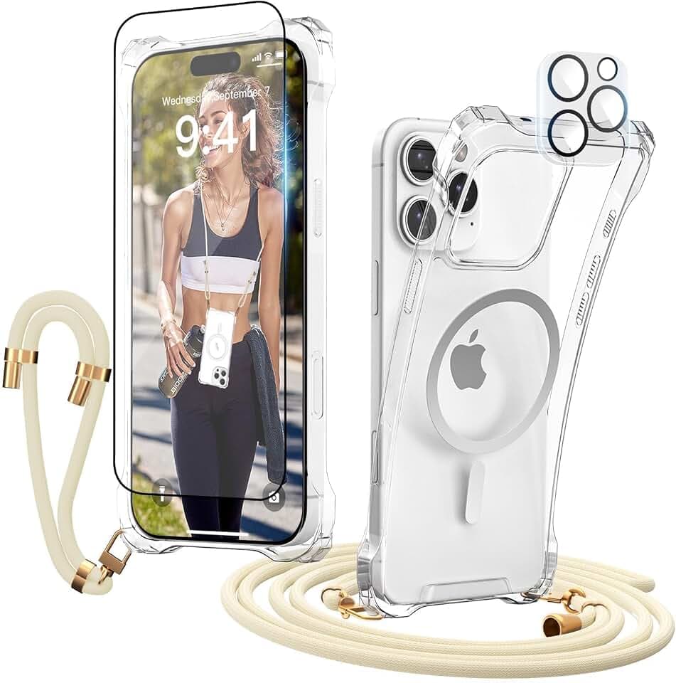 Handyband Abnehmbar für iPhone 16 Pro Hülle mit Band, Beige Langes Band zum Umhängen & Kurzkordel für Handgelenk, Transparent Handyhülle Kompatibel mit Magsafe + Schutzfolie + Kameraschutz