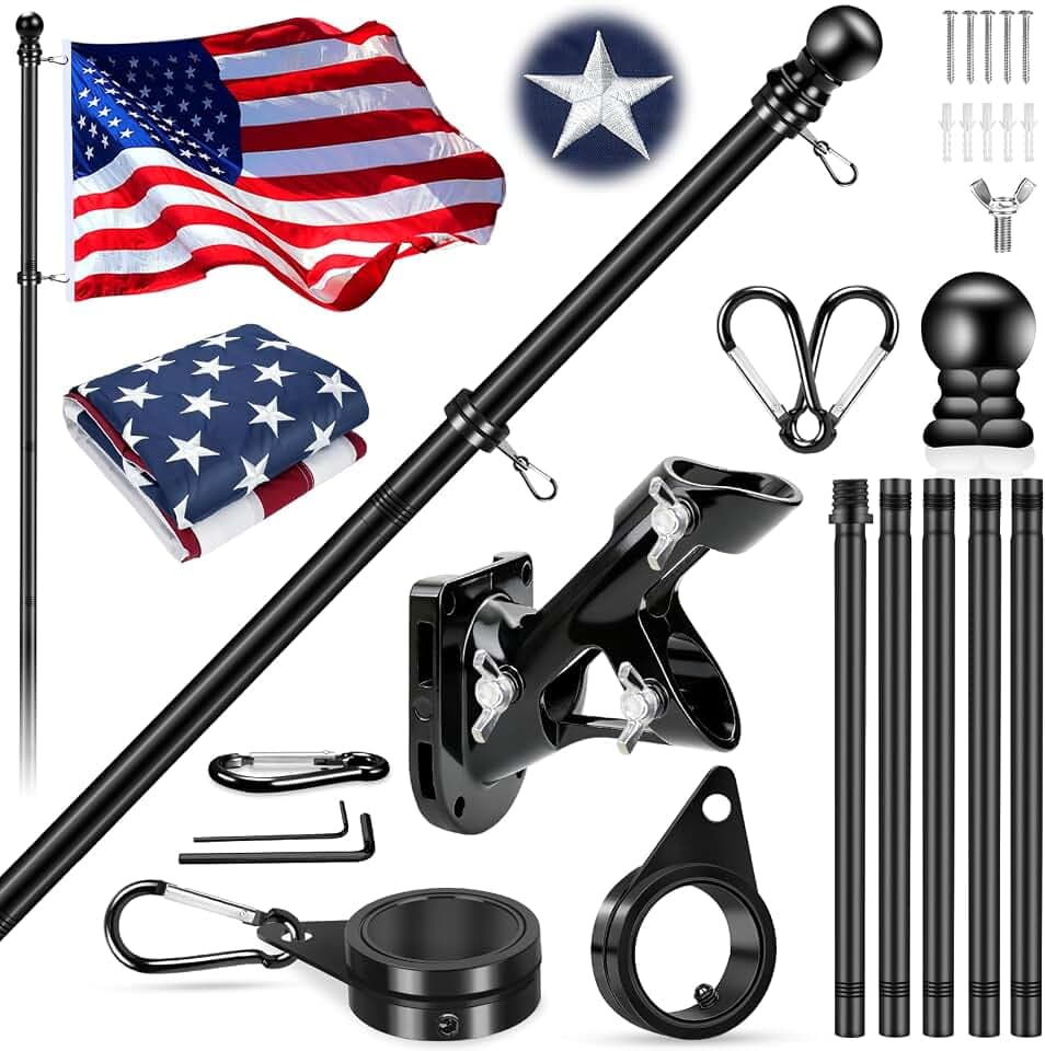 Flag Pole Kit with 3x5 American Flag and Pole, 6 Ft Black Spinning Metal Flag Poles for Outside House Heavy Duty Embroidered US Flag 3' x 5', Porch Wall Mount Flagpole Holder & 360° Flag Ring Clips