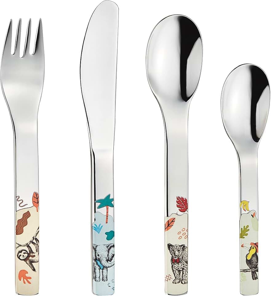 Puresigns Kinderbesteck Natura - 4-teilig, Fantasievolles Design mit Wildtier-Motiven, Edelstahl 18/10, Spülmaschinenfest, Geschenkverpackung, Kinderfreundliche Formgebung, Ab 2 Jahren